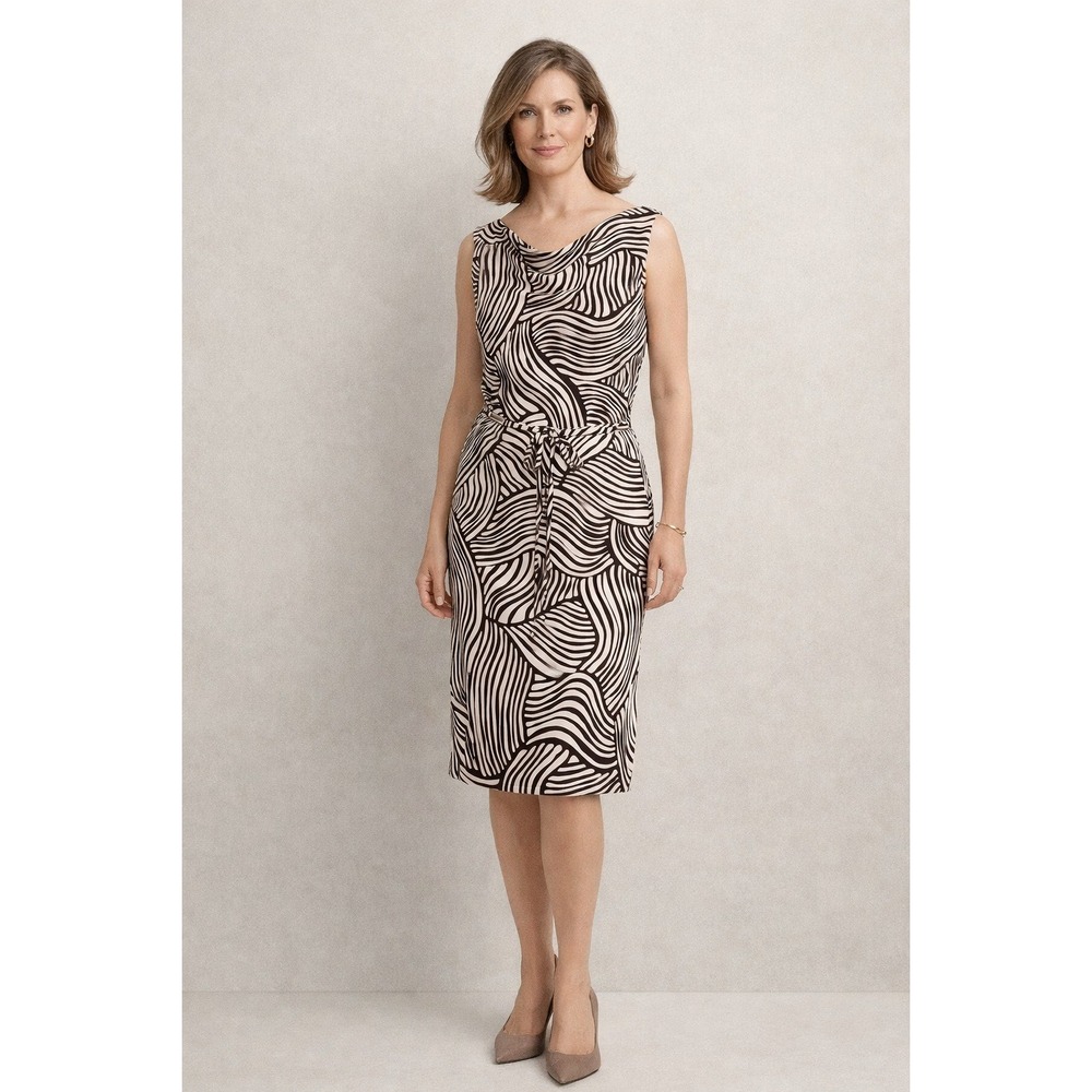 Ann Taylor Black White Abstract Zebra Cowl Neck Belted Sheath Midi Dress M Work